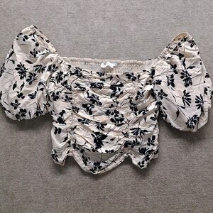 ASTR Shirt Women's L Floral Smocked Linen Blend Puff Sleeve Peasant‎ Boho Blouse